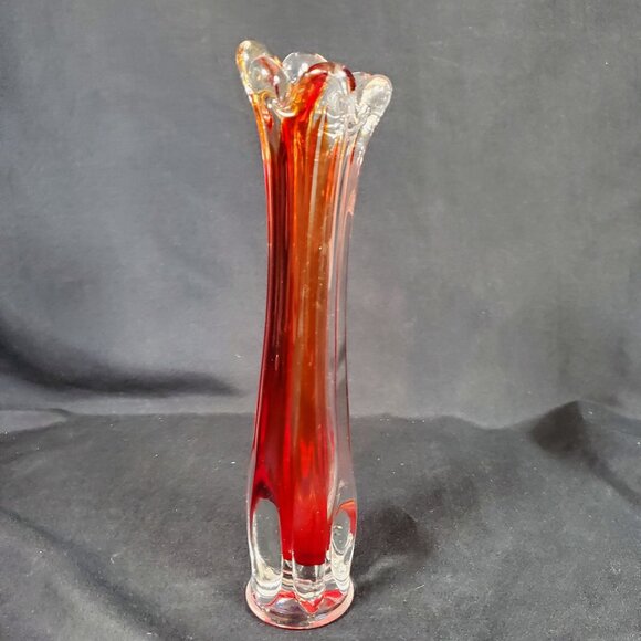 Vintage Amberina Red Orange Art Glass Bud Vase | Mid Century Hand Blown Ruffled - Picture 1 of 13